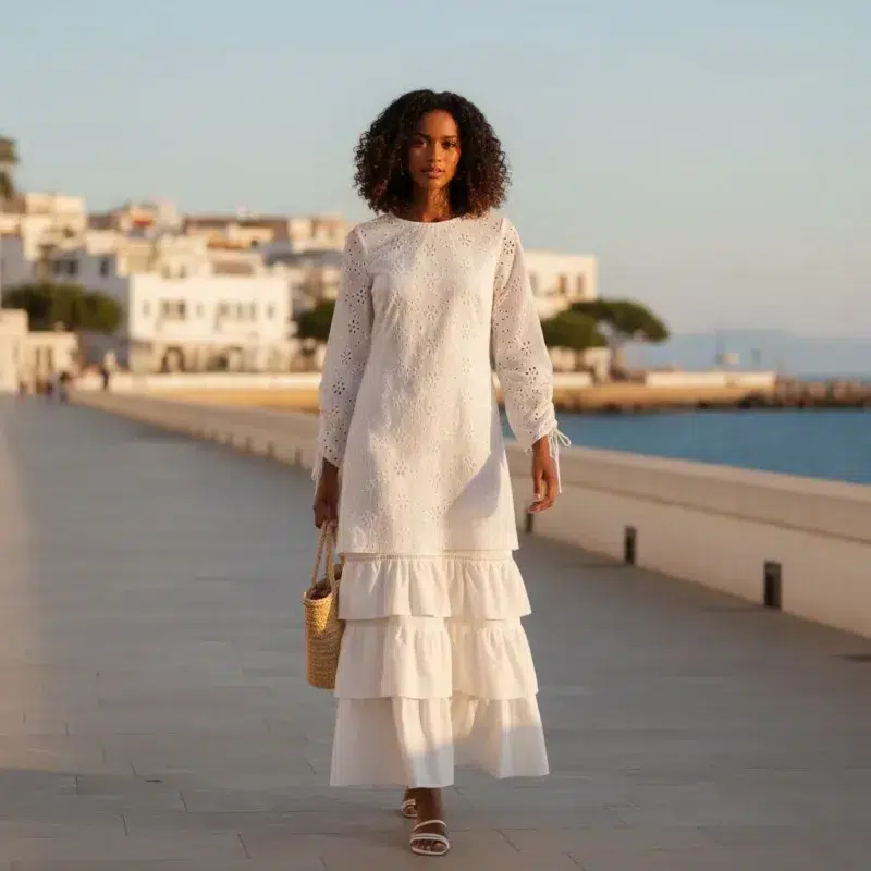 Robe brodée femme, élégante bohème chic, coton manches longues