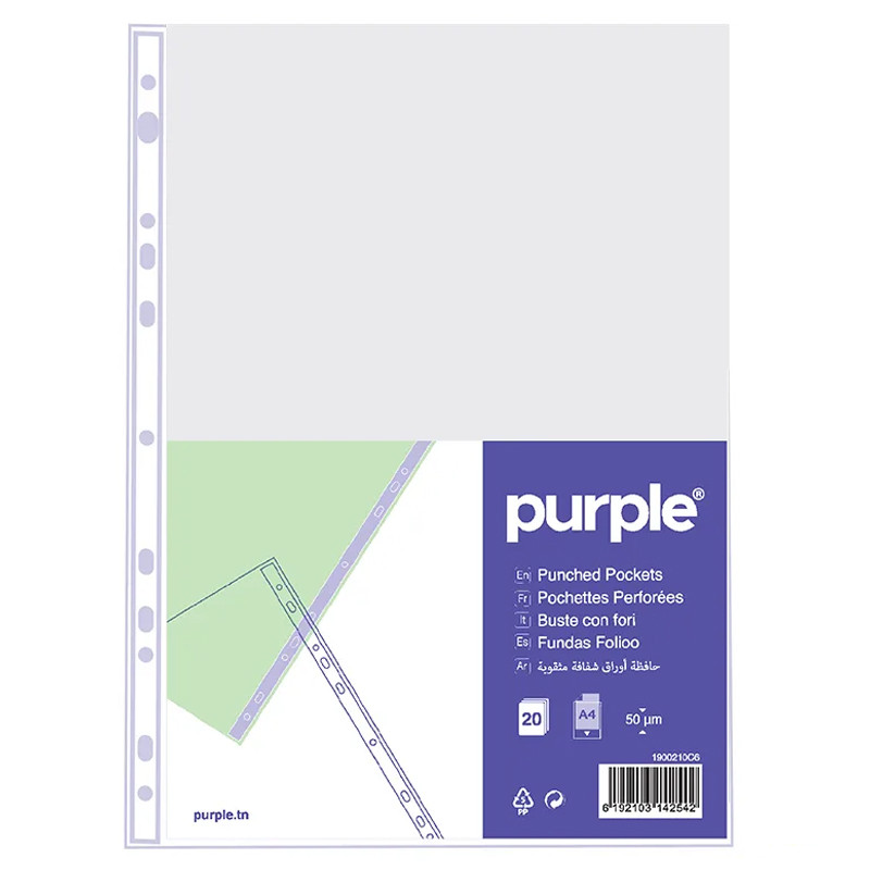 Purple De 20 Pochettes Perforées A4 Transparent