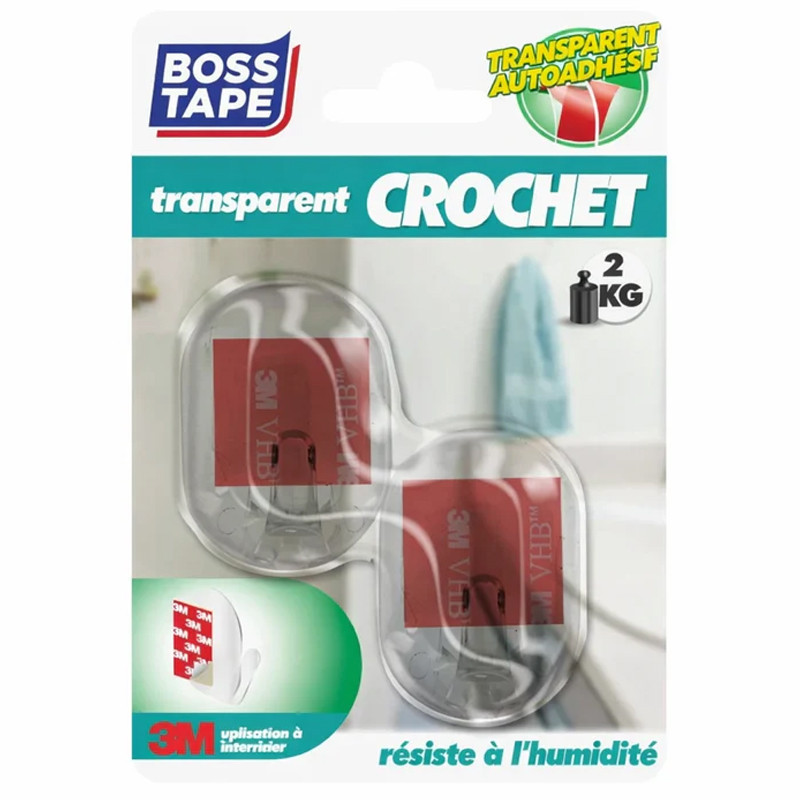 Boss Tape de 2 Crochets Mural Tape 33×44 mm Transparent
