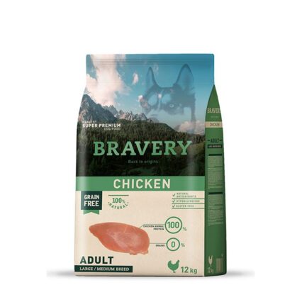 BRAVERY LARGE MEDIUM SANS CEREALES CHIEN ADULTE AU POULET 12 KG