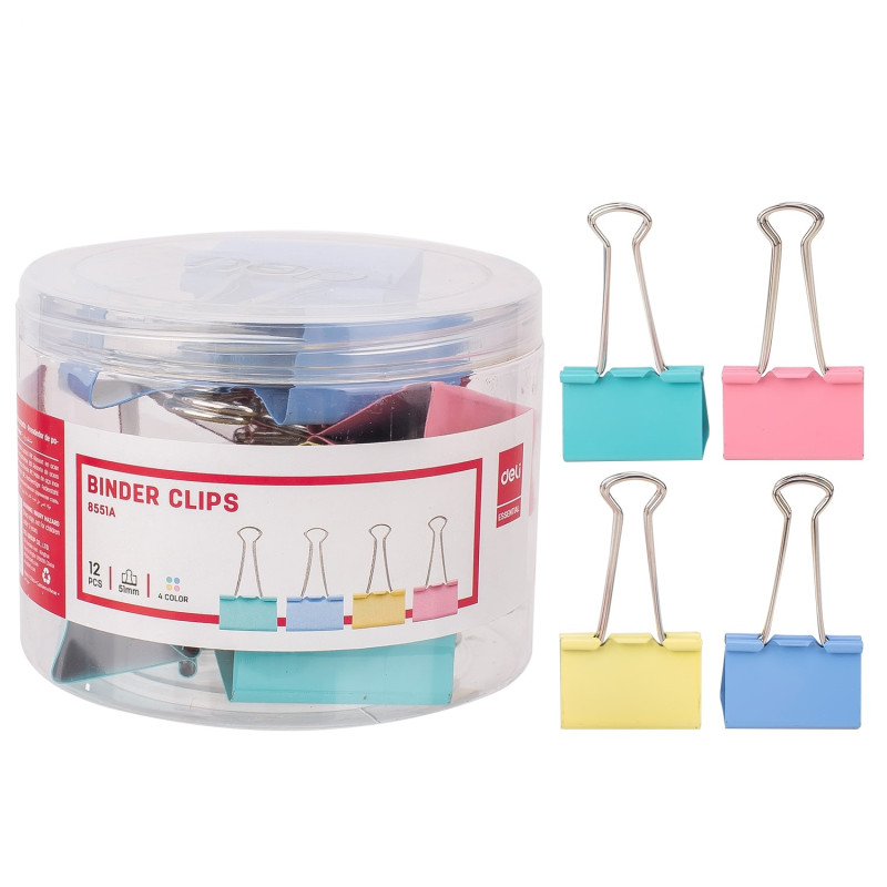 TUBE 12 BINDER CLIP DELI 51MM COULEUR ASSORTIS