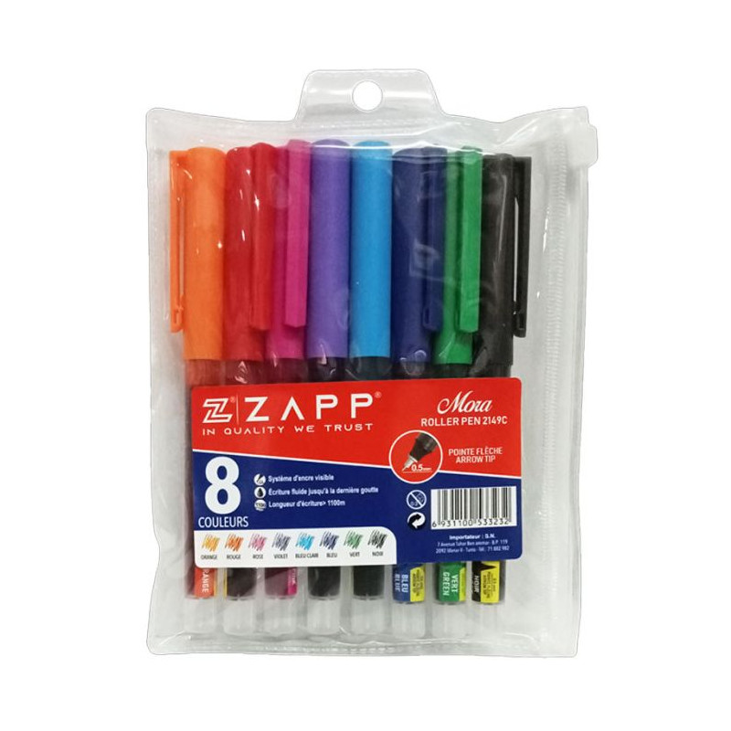 Pochette de 8 Stylos ZAPP ROLLER MORA Assortis
