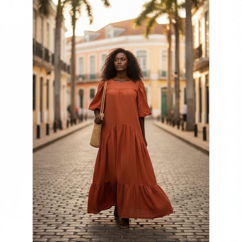 Robe coton femme longue terracotta , bohème chic élégante