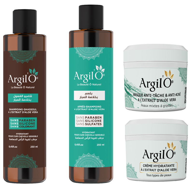 Argil'O Aloevera : Shampoing Shassoul + Après Shampoing + Hydratante + Masque Anti-Tâche Anti-acné