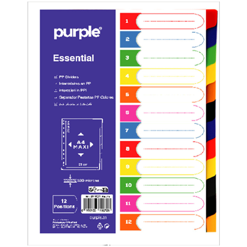 Purple Intercalaires Essential Numérique A4 12 Positions Assorties