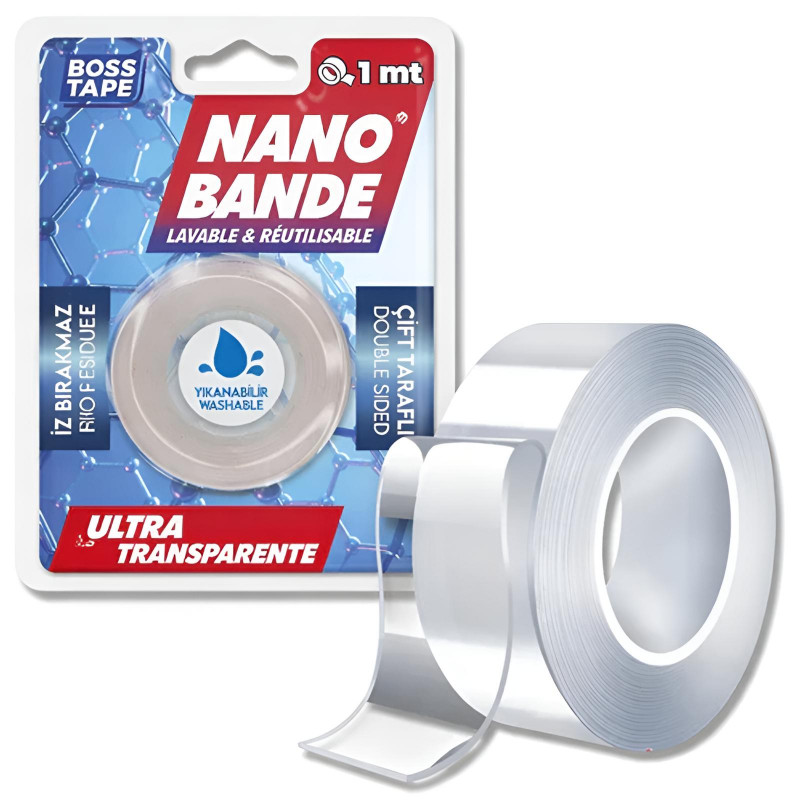 Boss Tape Ruban Double Face Tape Nano Adessif 1m Transparent