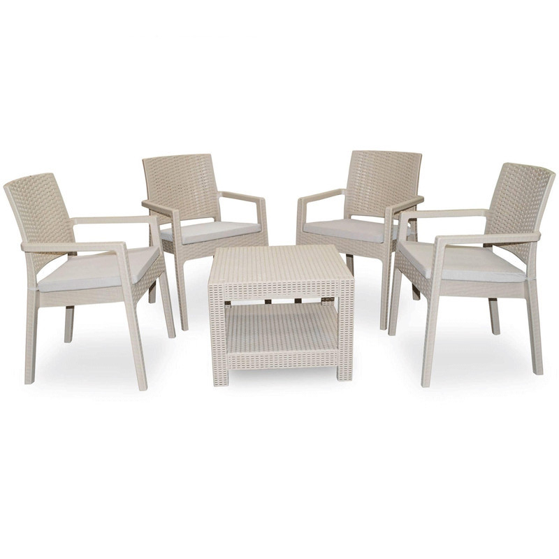 Salon de Jardin MARQUISE en Couleur Grège 4 Chaises Coussins + Table Byrsa