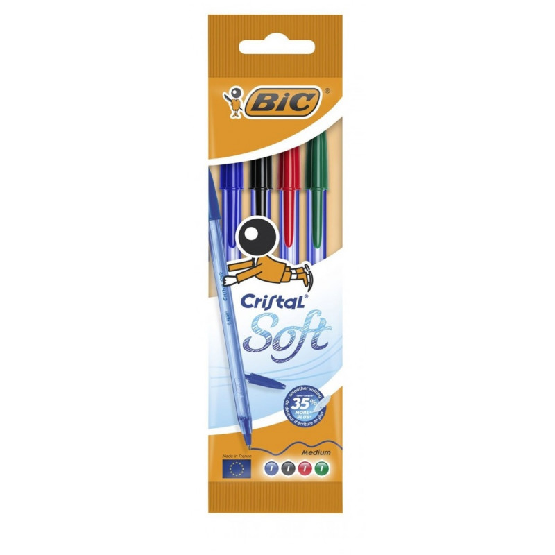 Pochette de 4x Stylos à bille BIC Cristal Soft 1.2mm Couleur de base
