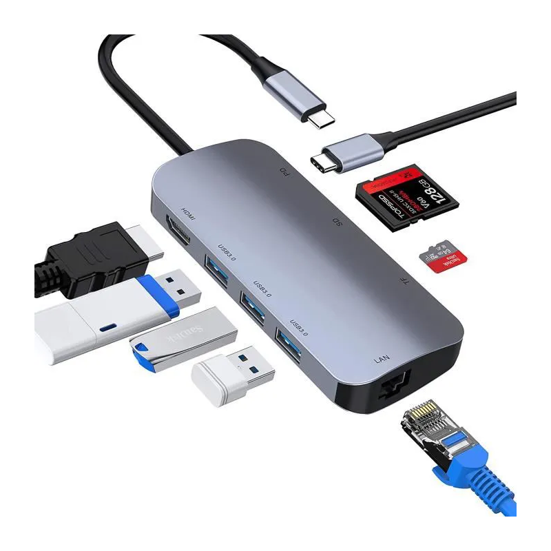 Station d'accueil 8en1 Type-C Vers HDMI, VGA, 2x USB 3.0, Lecteur de cartes SD, USB-C